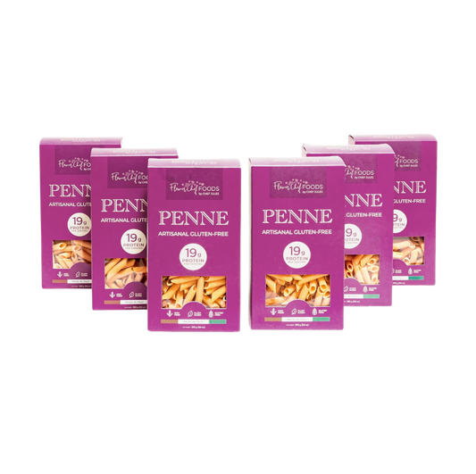 Assorted gluten-free, high-protein pasta penne by Flower Chef Foods in a 6-pack, shown in a clear, appetizing display.