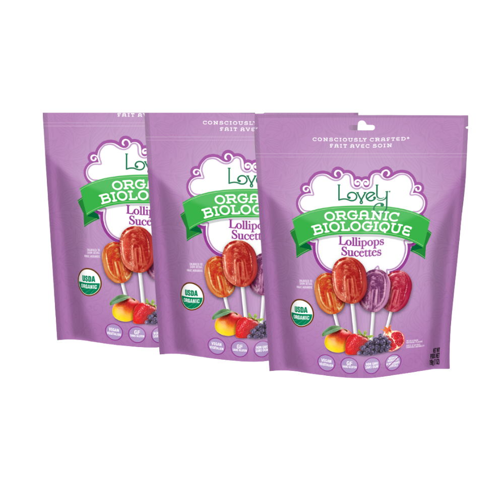Assorted organic lollipops from Lovely Candy Company with colorful wrappers on a white background.
