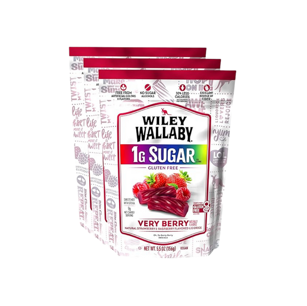 Wiley Wallaby Very Berry Licorice displayed in a clear package, featuring vibrant berry-colored licorice strands.