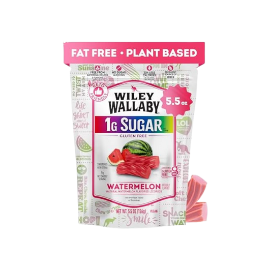 Wiley Wallaby Watermelon Licorice in a clear bag showing vibrant red and green watermelon-flavored licorice pieces.