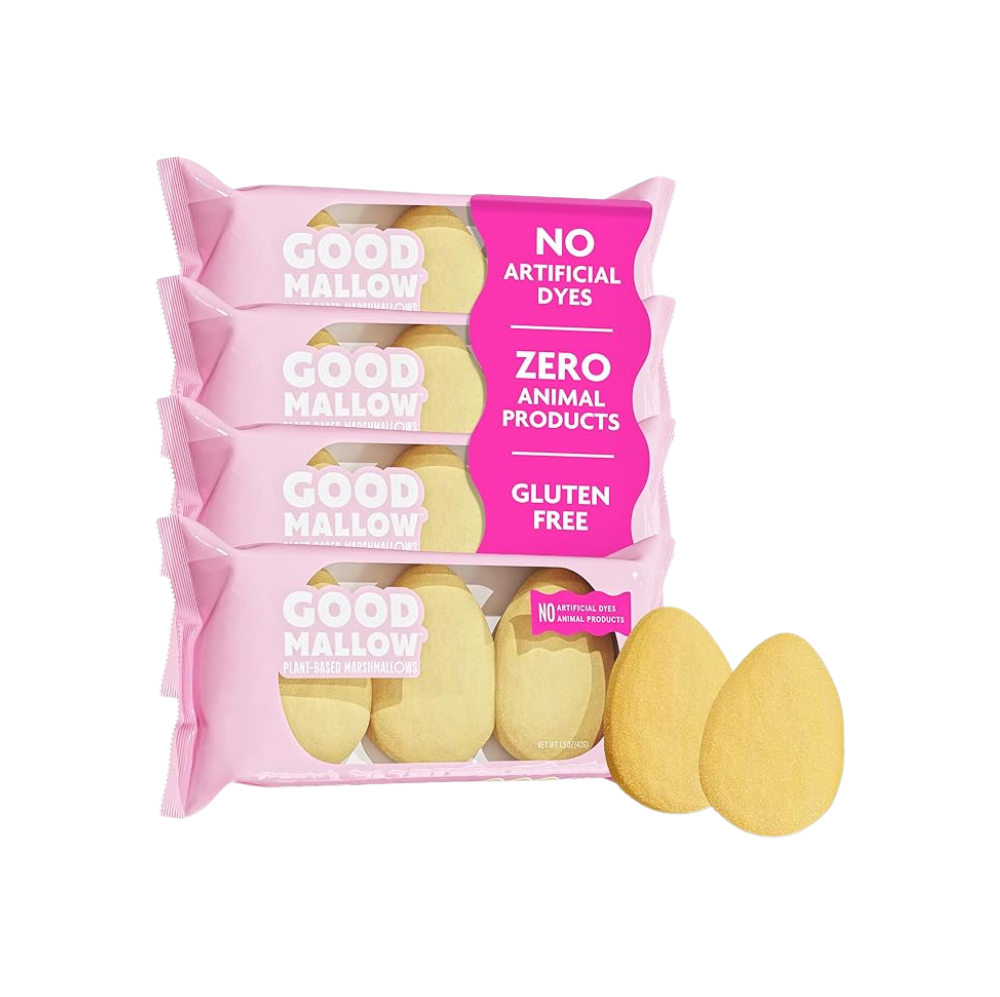 Plant-based marshmallow eggs from Good Mallow, soft and white with colorful candy coating, ideal for Easter treats.