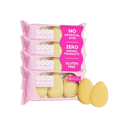 Plant-based marshmallow eggs from Good Mallow, soft and white with colorful candy coating, ideal for Easter treats.