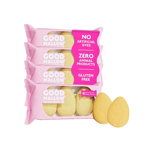 Plant-based marshmallow eggs by Good Mallow, colorful, round confections with a soft, fluffy texture on a white background.