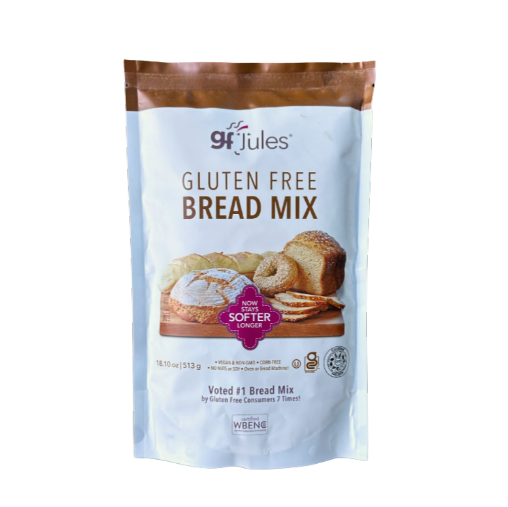 gfJules gluten free bread mix package, featuring the product label and image of the bread mix in a clear, bright package.