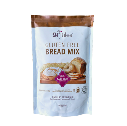 gfJules gluten free bread mix package, featuring the product label and image of the bread mix in a clear, bright package.