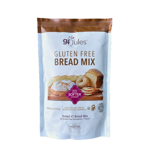 gfJules gluten free bread mix package, featuring the product label and image of the bread mix in a clear, bright package.