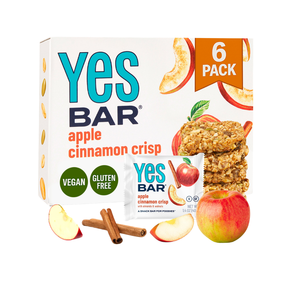 YES BAR Apple Cinnamon Crisp snack pack featuring six bars with apple cinnamon flavor and crisp texture.
