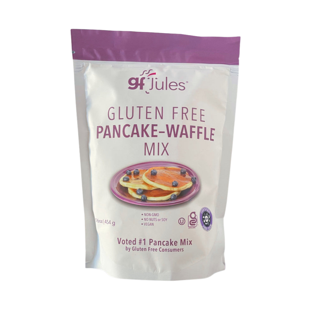 gfJules gluten-free pancake and waffle mix in a colorful box with a prepared stack of pancakes topped with syrup and fruit.