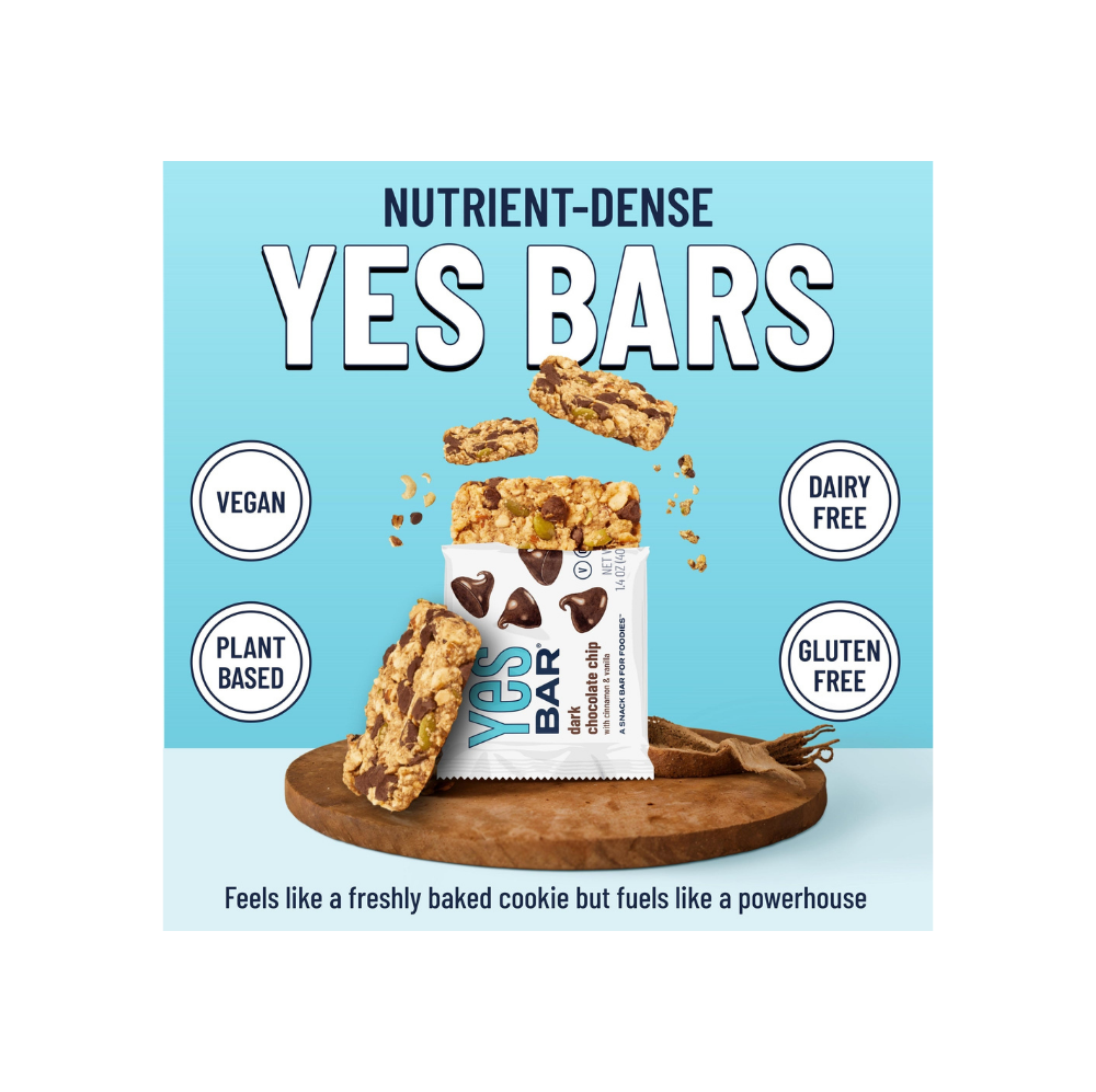 YES BAR Dark Chocolate Chip protein bar pack showing six individually wrapped dark chocolate chip snack bars from YES BAR®