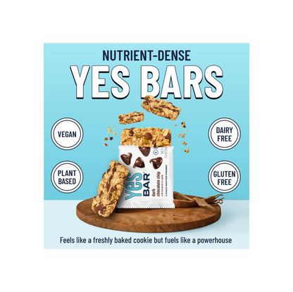 YES BAR Dark Chocolate Chip protein bar pack showing six individually wrapped dark chocolate chip snack bars from YES BAR®