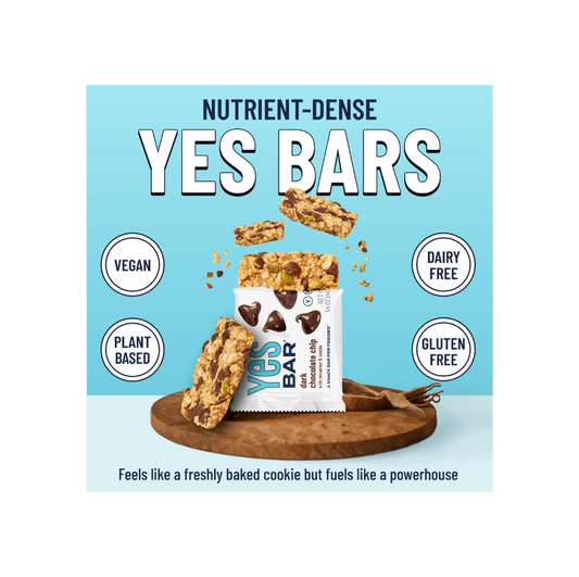 YES BAR Dark Chocolate Chip protein bar pack showing six individually wrapped dark chocolate chip snack bars from YES BAR®