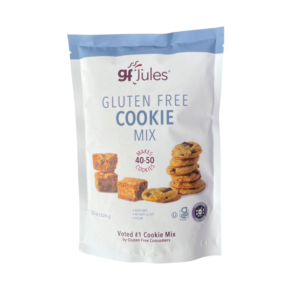Gluten-free cookie mix by gfJules, showing a prepared cookie batter in a mixing bowl with baking ingredients.