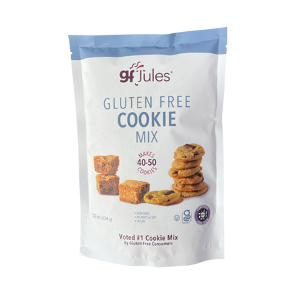 Gluten-free cookie mix by gfJules, showing a prepared cookie batter in a mixing bowl with baking ingredients.