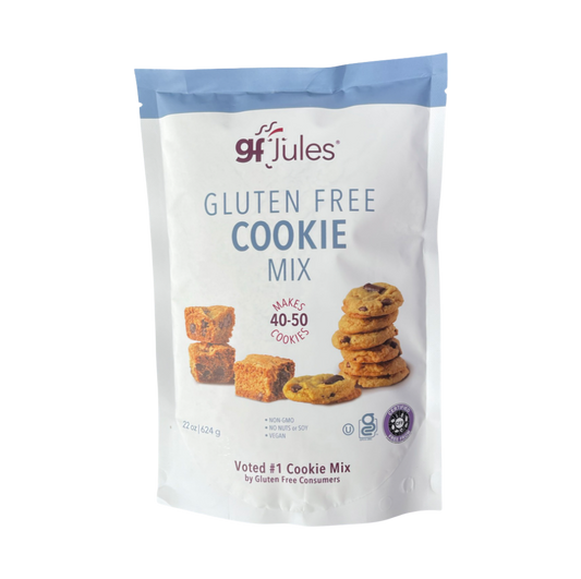Gluten-free cookie mix by gfJules, showing a prepared cookie batter in a mixing bowl with baking ingredients.