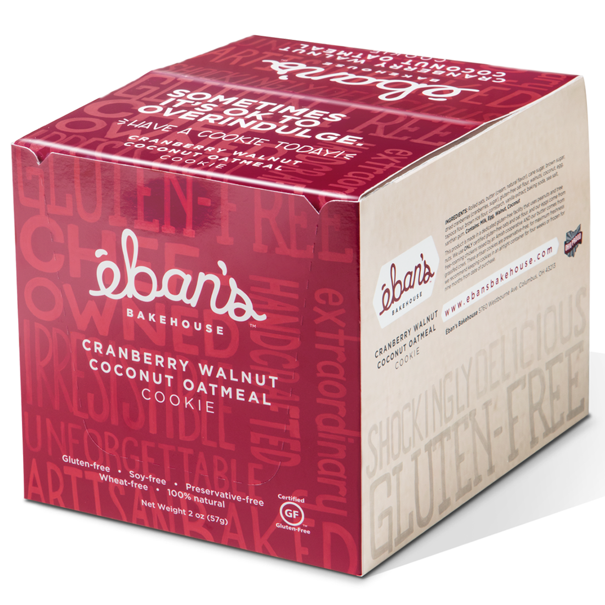 Eban’s Bakehouse cranberry walnut coconut oatmeal cookies in closed packaging, showcasing a box of 12 flavorful cookies.