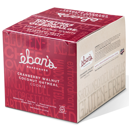 Eban’s Bakehouse cranberry walnut coconut oatmeal cookies in closed packaging, showcasing a box of 12 flavorful cookies.