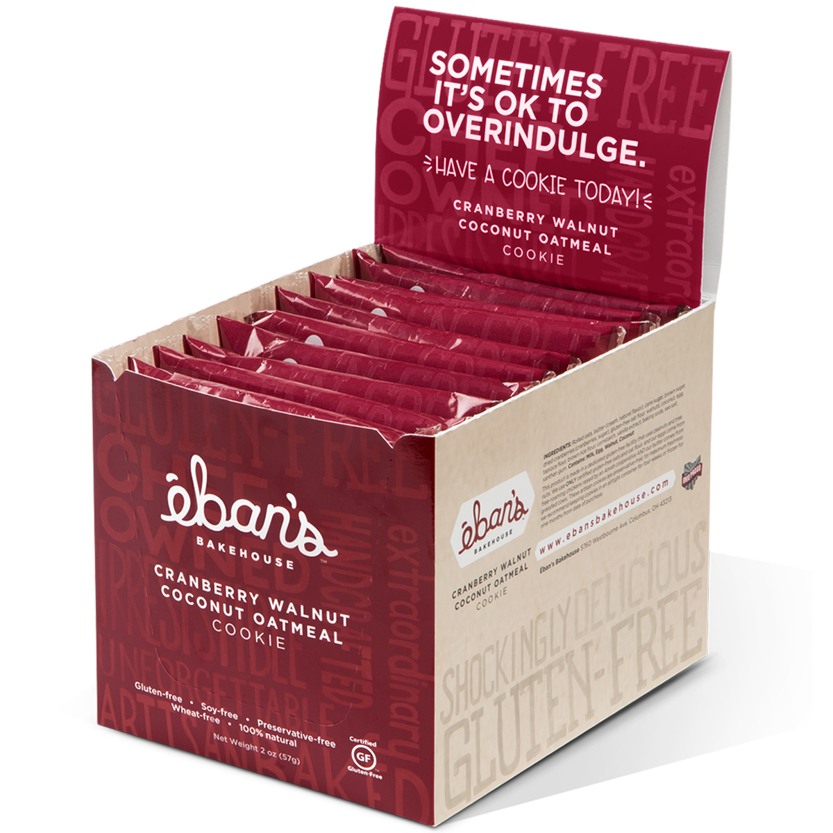 Open packaging of Eban’s Bakehouse cranberry walnut coconut oatmeal cookies, showing the freshly baked cookies with cranberries, walnuts, and oats.