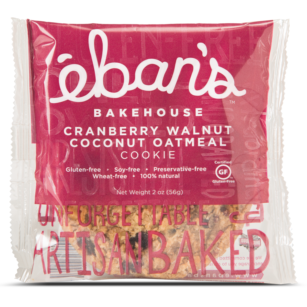 Eban’s Bakehouse cranberry walnut coconut oatmeal cookies in a 12-pack, featuring cookies with cranberries, walnuts, and coconut chips.