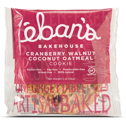 Eban’s Bakehouse cranberry walnut coconut oatmeal cookies in a 12-pack, featuring cookies with cranberries, walnuts, and coconut chips.