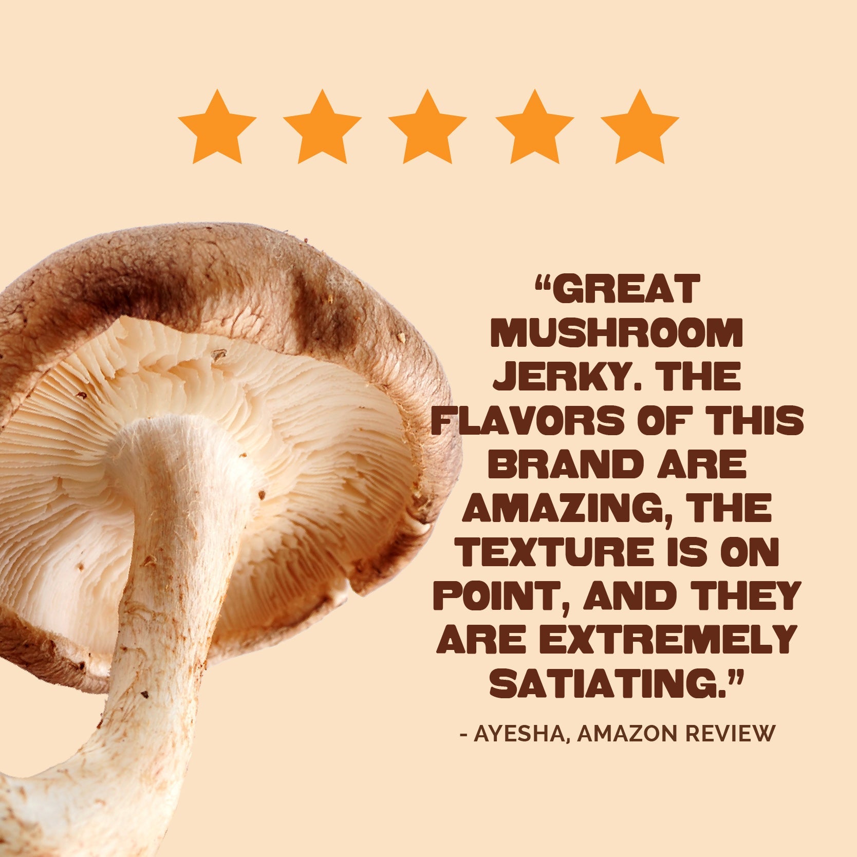 Customer review for Pan's Zesty Thai Mushroom Jerky snack showing a happy customer enjoying the flavorful mushroom jerky.