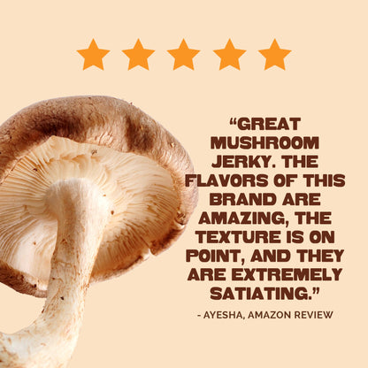 Customer review for Pan's Zesty Thai Mushroom Jerky snack showing a happy customer enjoying the flavorful mushroom jerky.