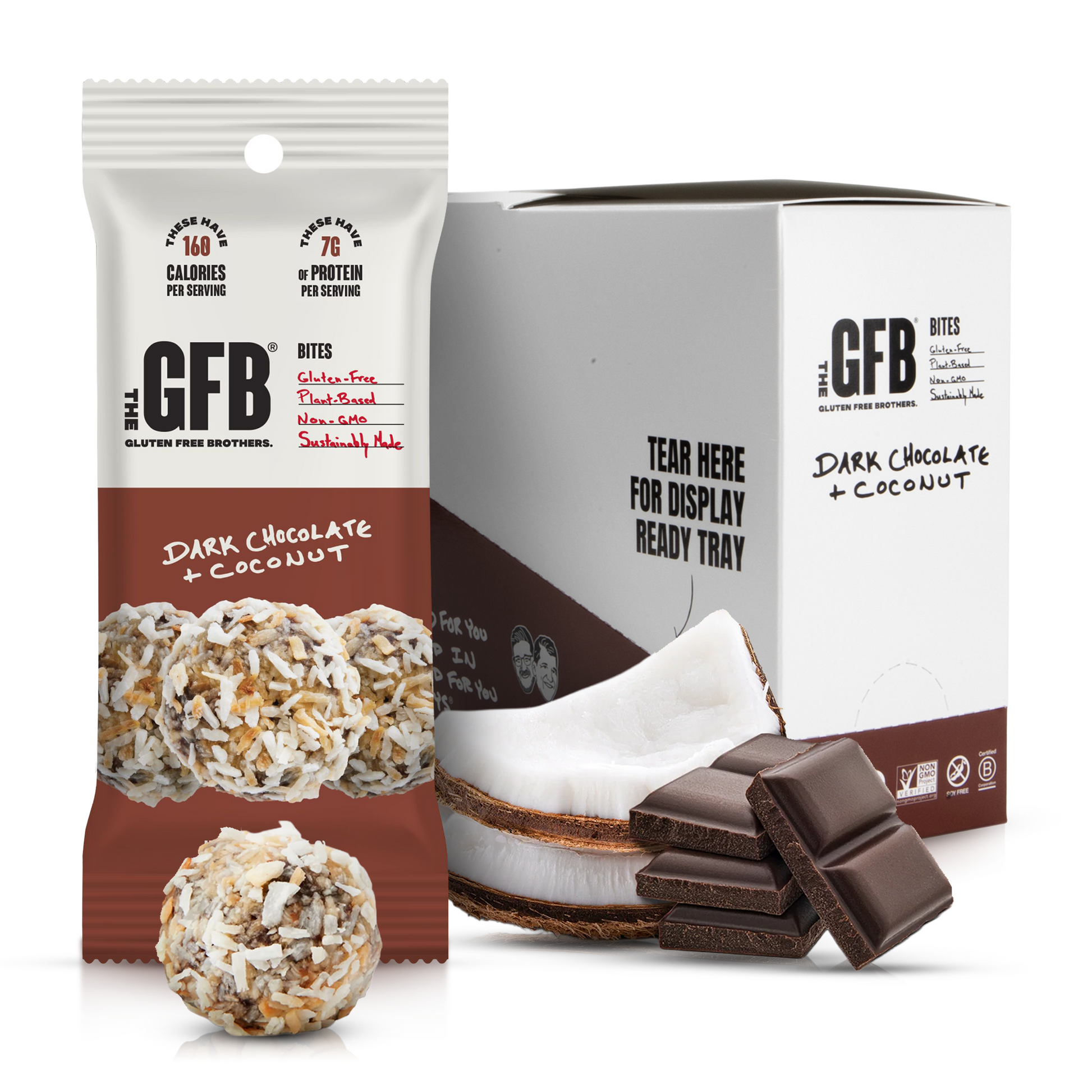 GFB Dark Chocolate Coconut Bites in a clear container, showcasing the bite-sized snacks with dark chocolate and coconut coating.