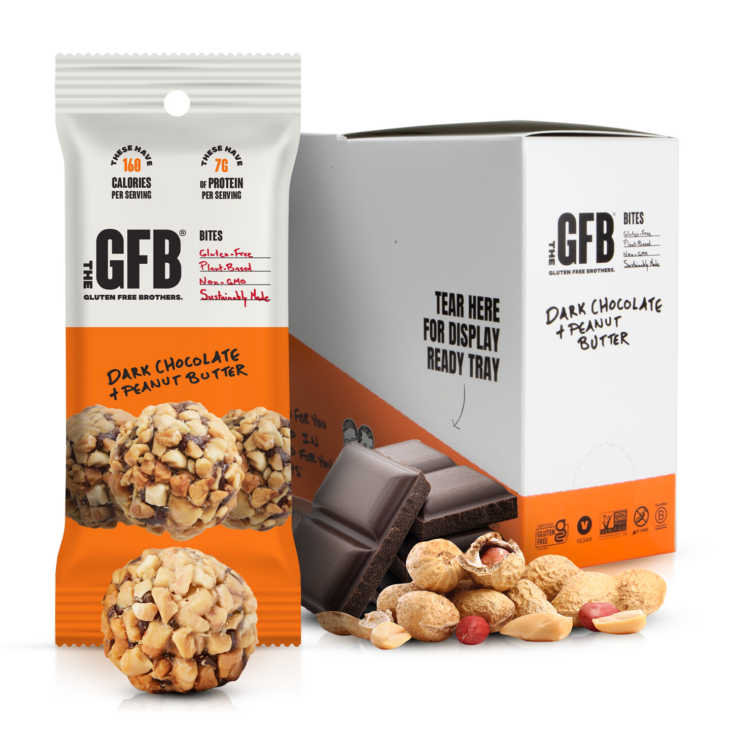 The GFB Dark Chocolate Peanut Butter Bites in a clear bag, showing the small, round bites coated with dark chocolate and peanut butter filling.