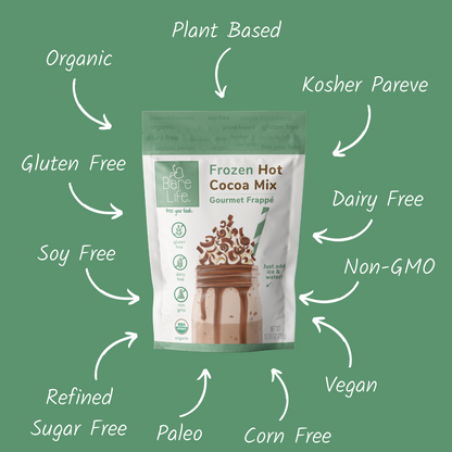 Dairy-free, gluten-free frozen hot cocoa mix by Bare Life, ideal for gourmet vegan hot chocolate and frappes.