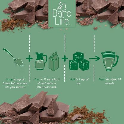 Bare Life dairy-free, gluten-free frozen hot cocoa mix for gourmet vegan hot chocolate with organic ingredients.