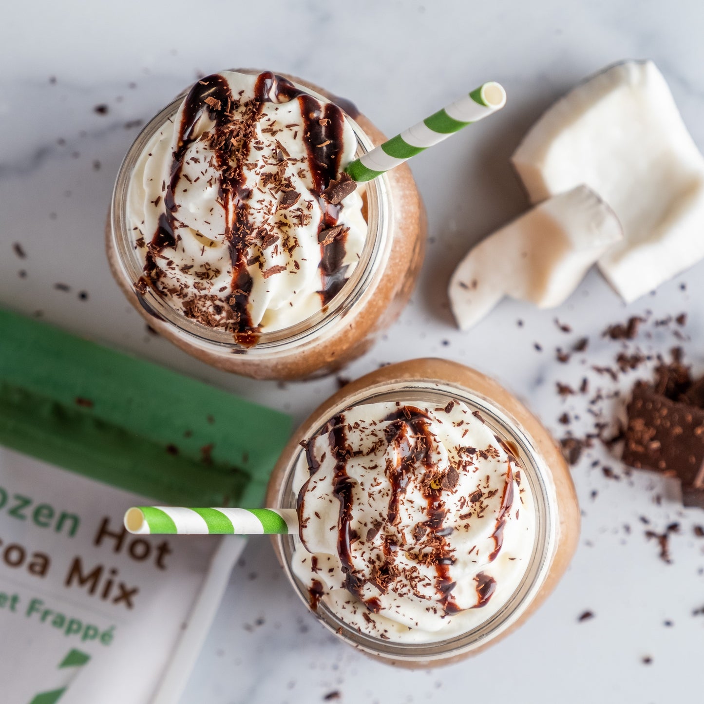 Bare Life frozen hot cocoa mix, dairy-free, gluten-free, vegan gourmet hot chocolate powder with organic ingredients.