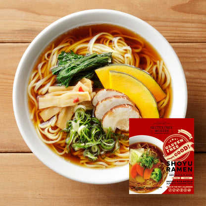 Gluten Free Meister Instant Ramen Variety 6-pack featuring different flavors in colorful packaging on a white background.