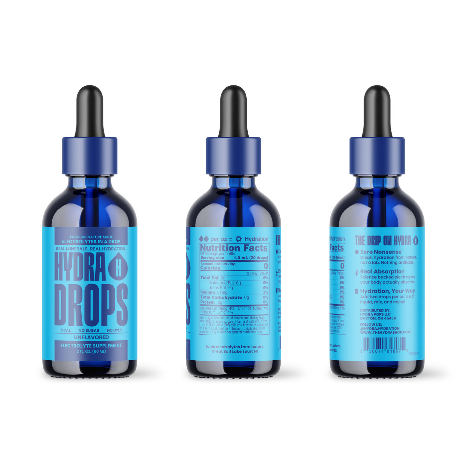 Hydra Hydration Hydra Drops sea mineral electrolyte drops in a clear bottle, designed for quick hydration and mineral replenishment.