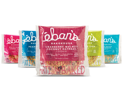 Eban’s Bakehouse cranberry walnut coconut oatmeal cookies in a 12-pack, showing golden cookies with cranberries, walnuts, and coconut flakes.