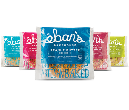 Eban’s Bakehouse peanut butter cookies in a 12-pack, showing golden-brown cookies with peanut butter filling on a rustic plate