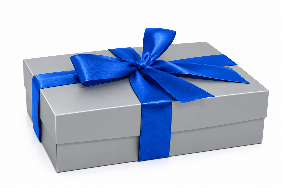 My Dad's Cookies Holiday Bakery Favorites gift box with an elegant blue ribbon, containing assorted cookies in a decorative box.