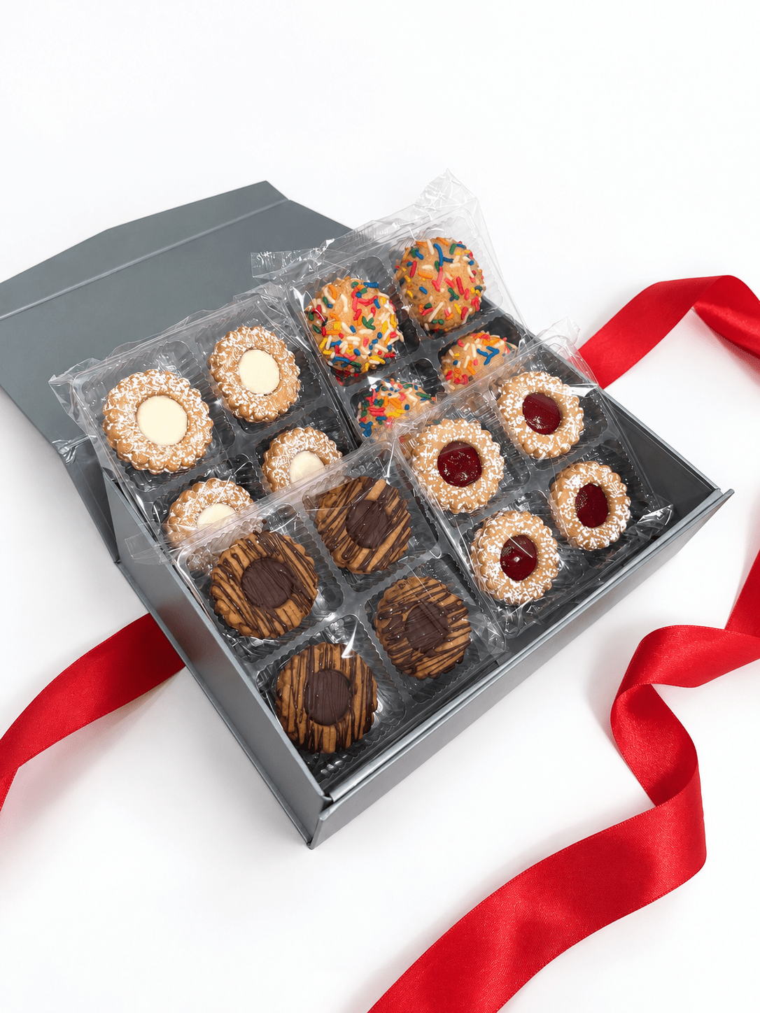Elegant gray gift box of My Dad's Cookies Holiday Bakery Favorites featuring assorted cookies for festive gifting.