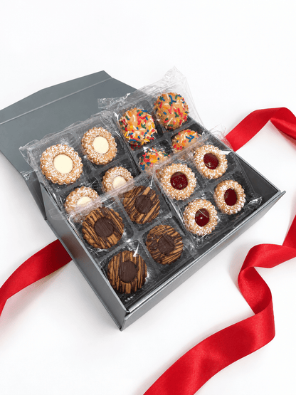 Elegant gray gift box of My Dad's Cookies Holiday Bakery Favorites featuring assorted cookies for festive gifting.