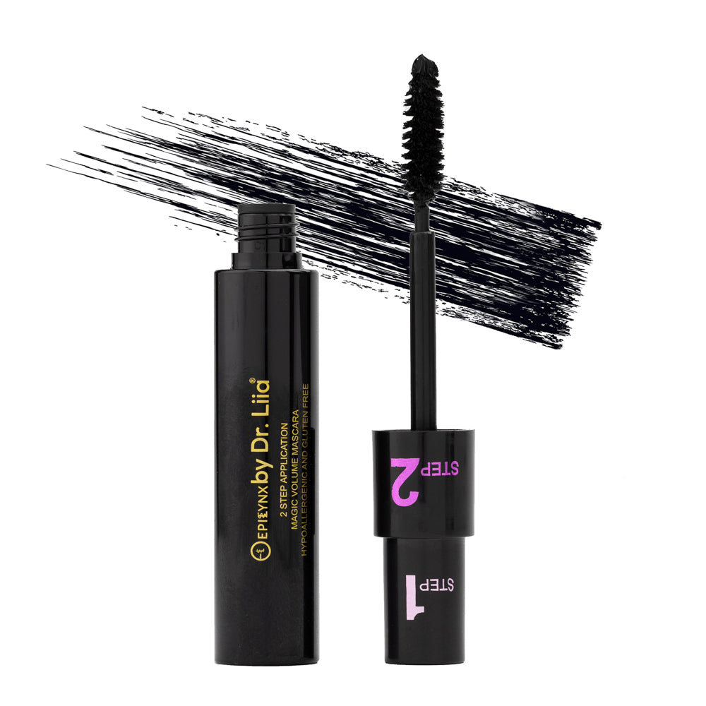 EpiLynx Epilynx Magic Lengthening & Volumizing Vegan mascara with smudge-resistant formula, showing mascara wand with product smeared on a surface.