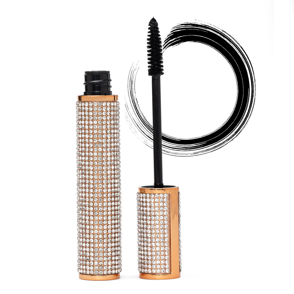 EpiLynx Mega Volume Vegan Mascara with handmade diamond case, showcasing thick, smudge-proof black mascara on a cosmetic display