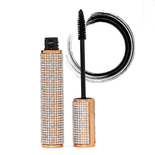 EpiLynx Mega Volume Vegan Mascara with handmade diamond case, showcasing thick, smudge-proof black mascara on a cosmetic display