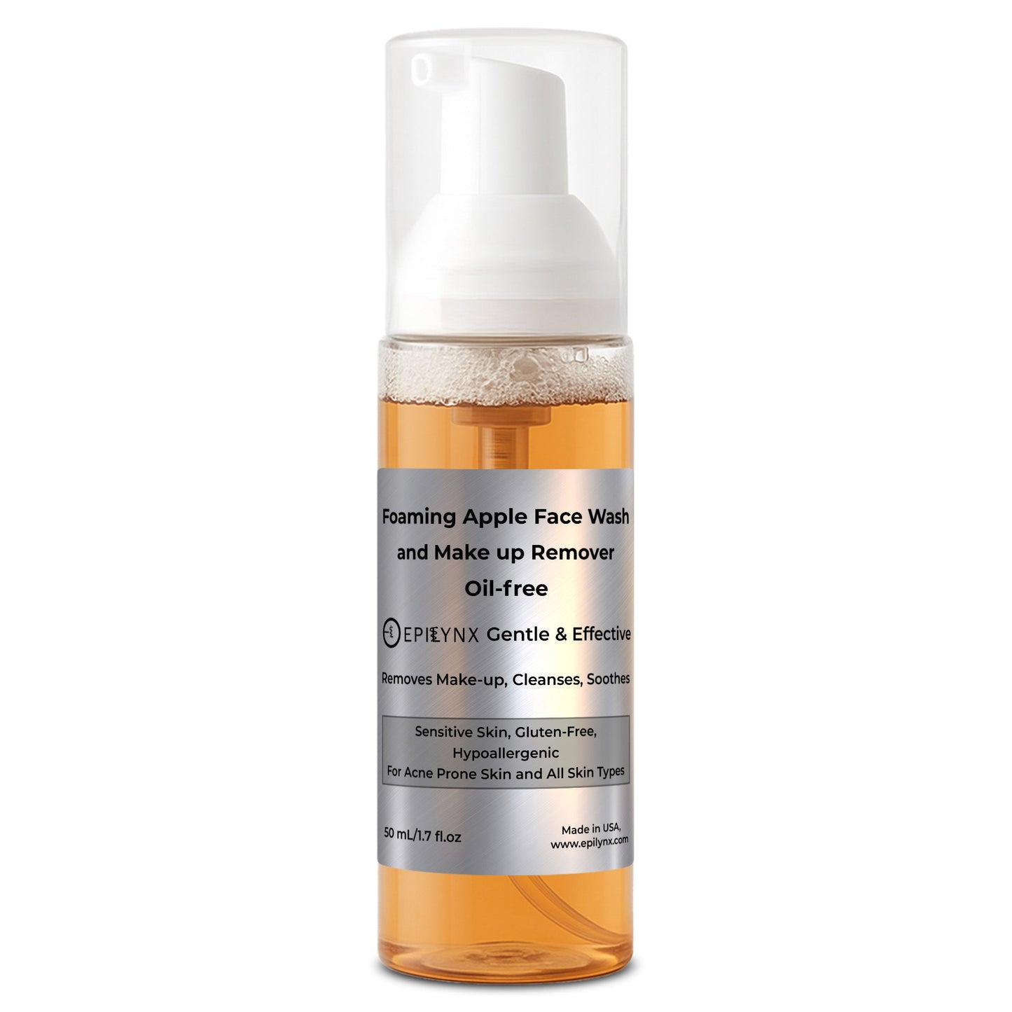 EpiLynx Gentle Foaming Facial Cleanser with aloe, apple, and ashwagandha for all skin types, shown in a pump bottle.