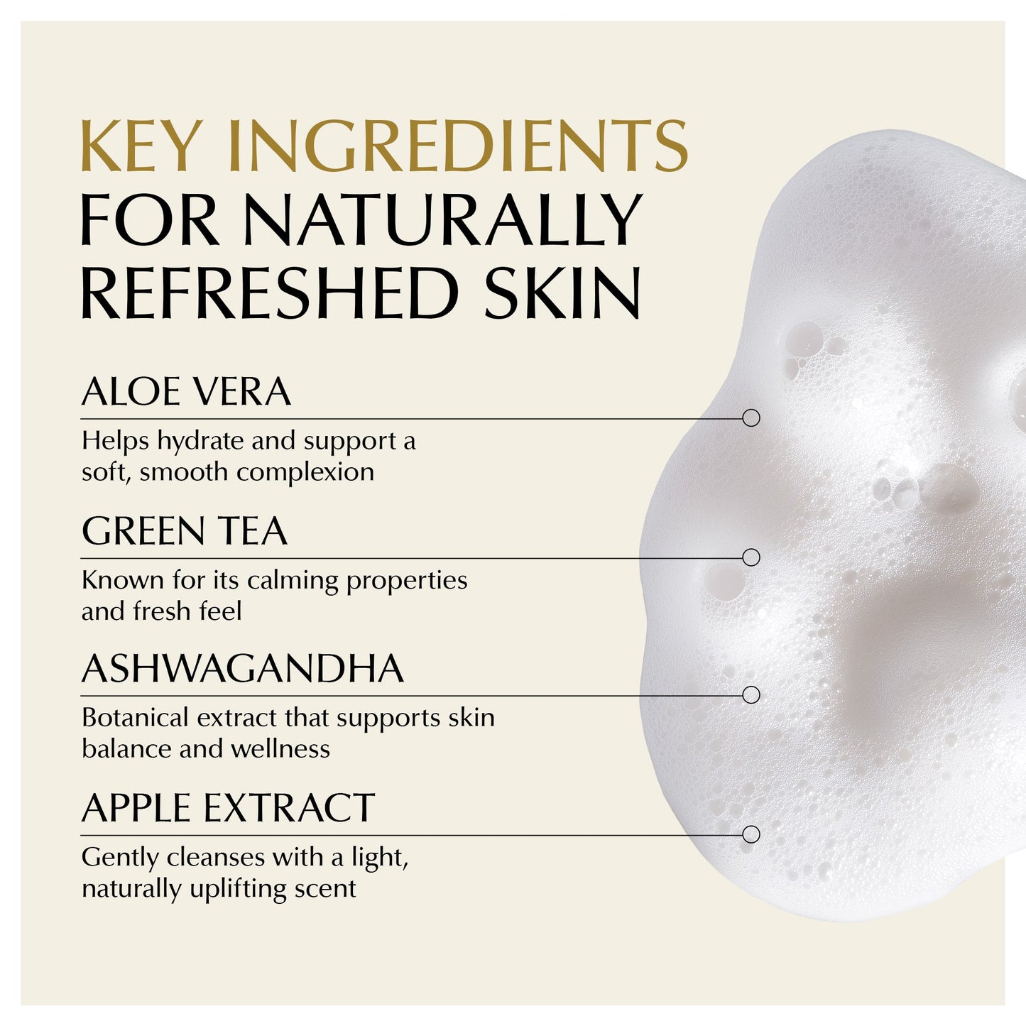 EpiLynx gentle foaming facial cleanser with aloe, apple, and ashwagandha for all skin types, showing the cleanser bottle and foam.