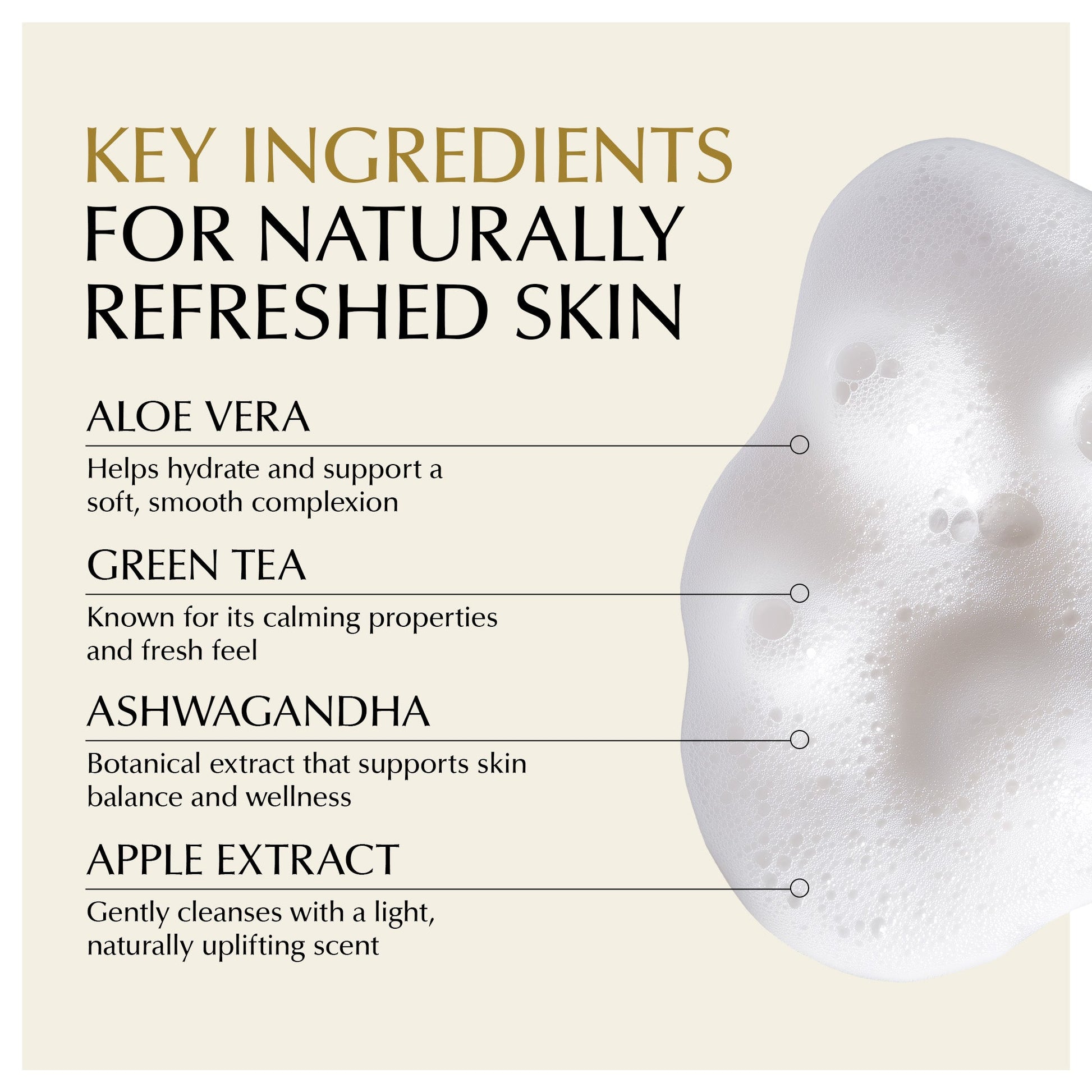EpiLynx gentle foaming facial cleanser with aloe, apple, and ashwagandha for all skin types, showing the cleanser bottle and foam.