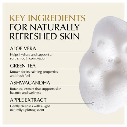 EpiLynx gentle foaming facial cleanser with aloe, apple, and ashwagandha for all skin types, showing the cleanser bottle and foam.