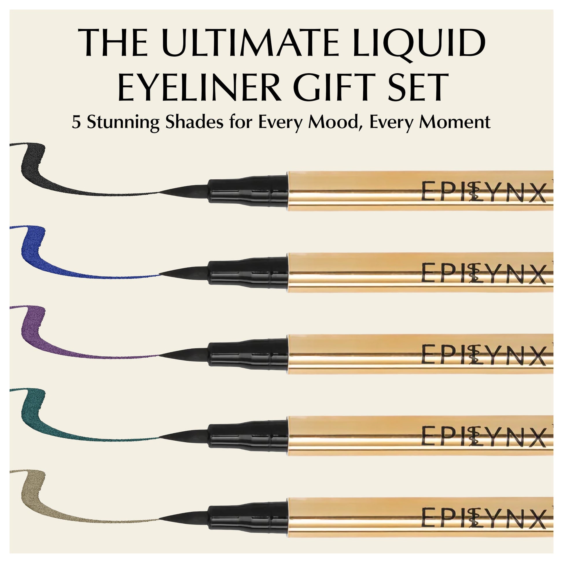 EpiLynx waterproof liquid eyeliner pen with matte finish, vegan and smudge-proof, displayed in a gift set with shimmer shades