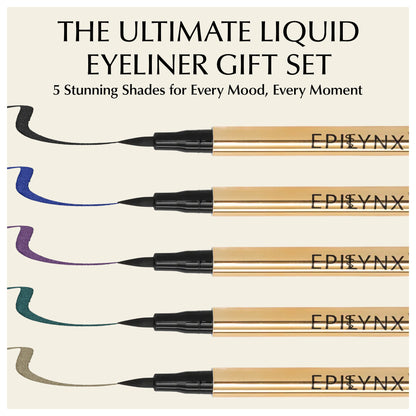 EpiLynx waterproof liquid eyeliner pen with matte finish, vegan and smudge-proof, displayed in a gift set with shimmer shades