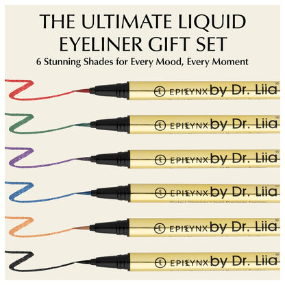 EpiLynx waterproof liquid eyeliner pen with shimmer finish, vegan and smudge-proof, in a sleek black design.