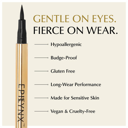 EpiLynx waterproof liquid eyeliner pen in purple with matte and shimmer shades, featuring precise, smudge-proof application