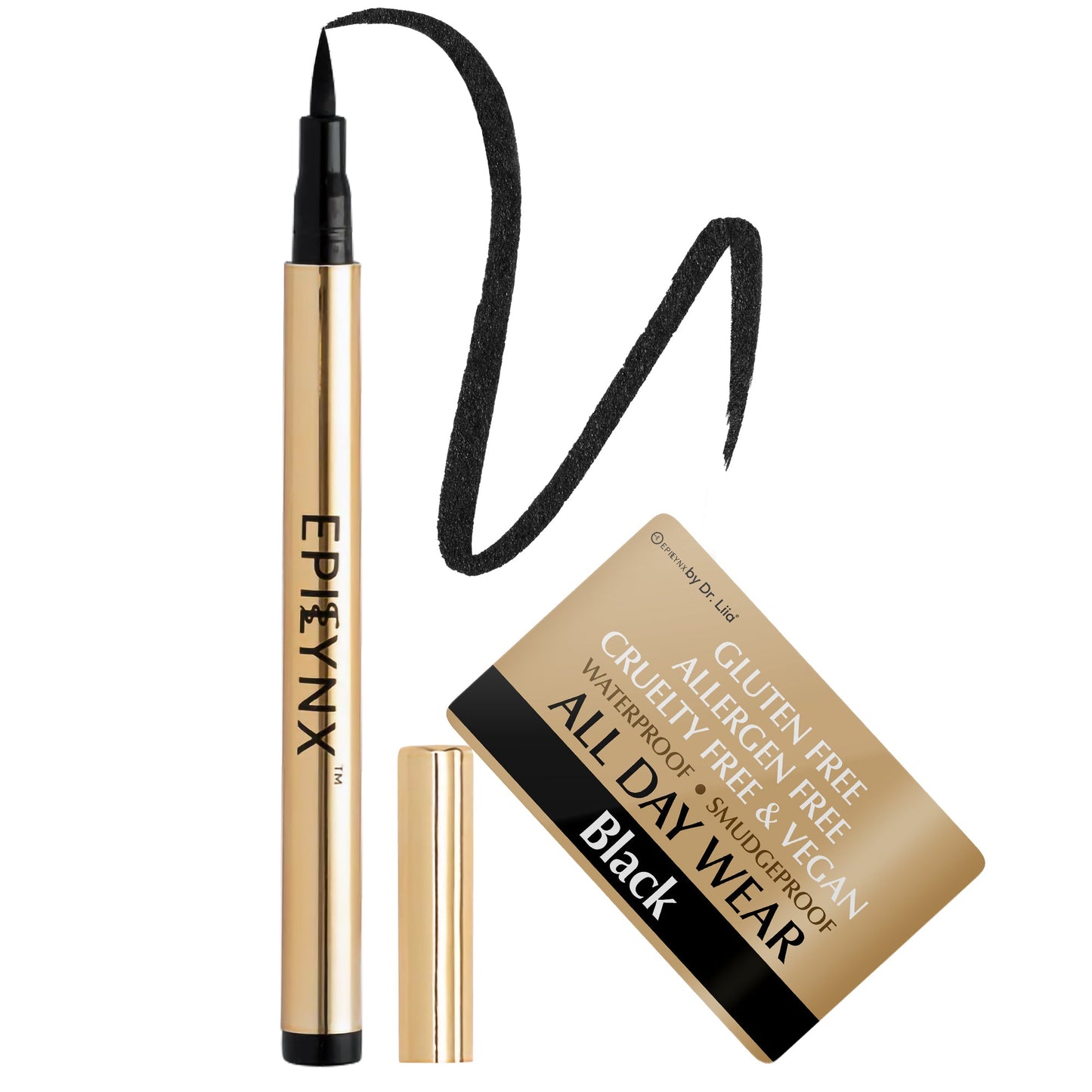 EpiLynx waterproof liquid eyeliner pen in black with smudge-proof, matte and shimmer shades, featuring precise application.