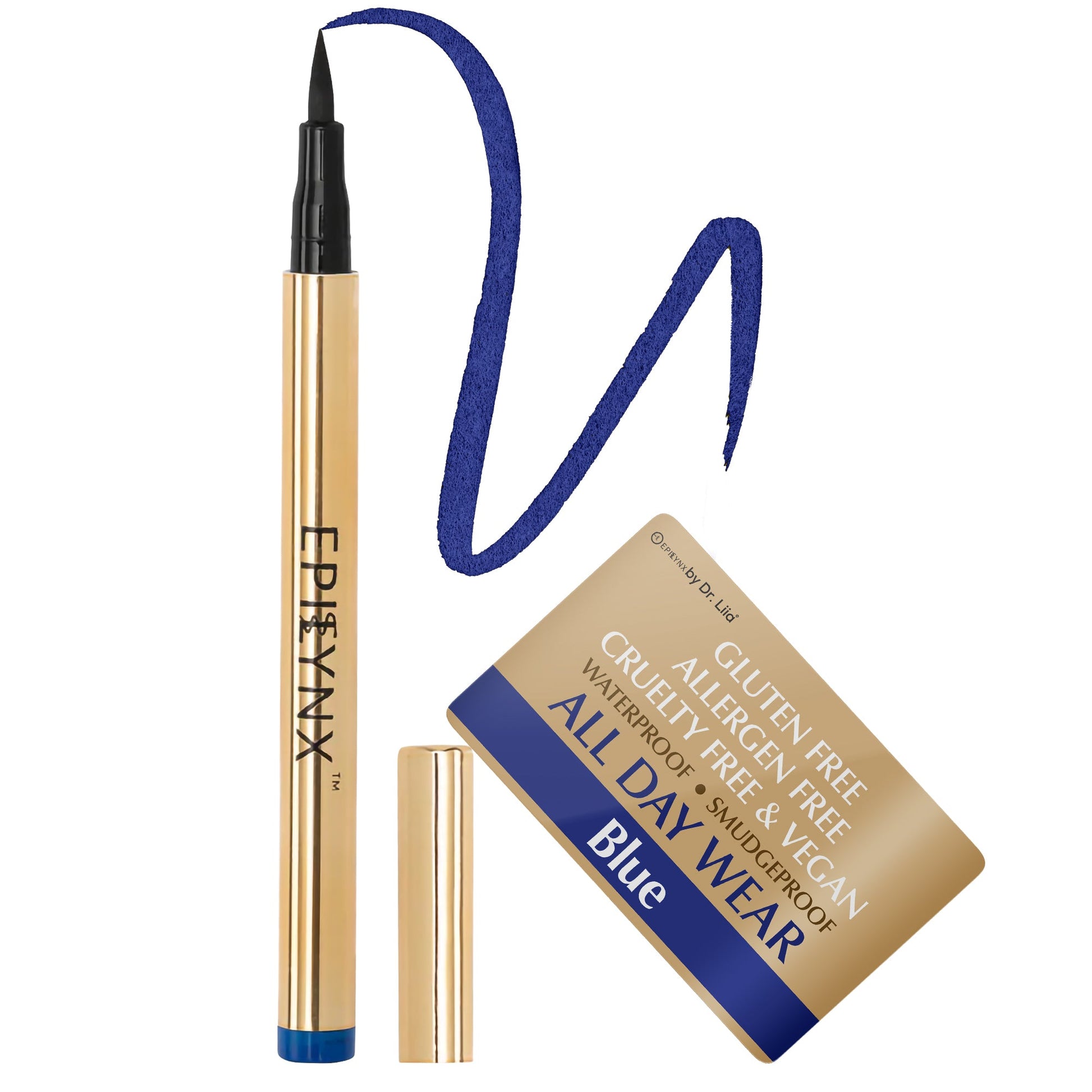 EpiLynx waterproof liquid eyeliner pen with precision tip in vibrant blue, matte and shimmer shades, vegan and smudge-proof.